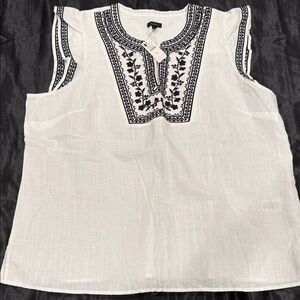 Talbots White Blouse with Black Embroidery